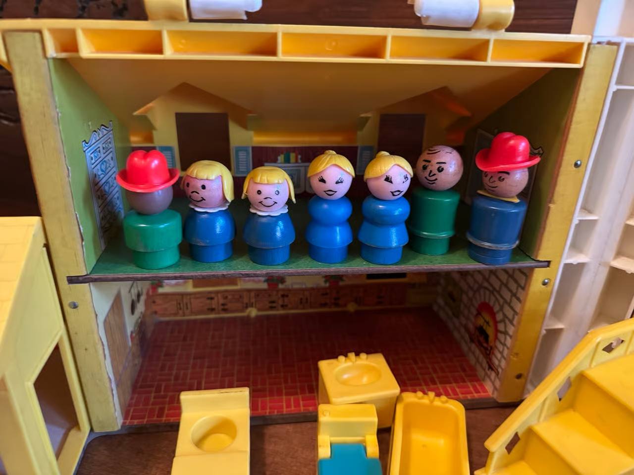 Vintage Fisher Price Little People Yellow Play House – With Figures, Furniture & Car – 1970s Toy Set