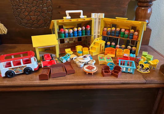 Vintage Fisher Price Little People Yellow Play House – With Figures, Furniture & Car – 1970s Toy Set